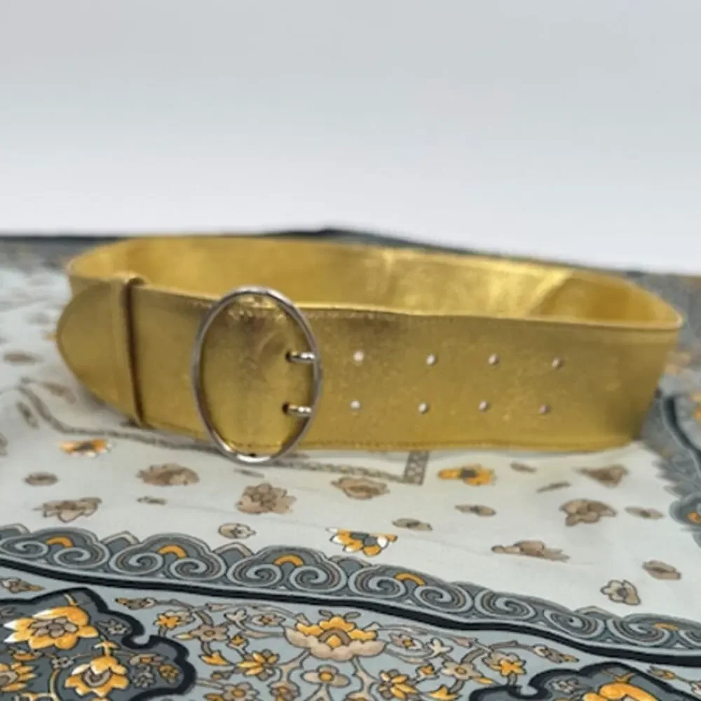Prada Metallic Gold Leather Wide Statement Belt 36/85 Oval Buckle Made in Italy